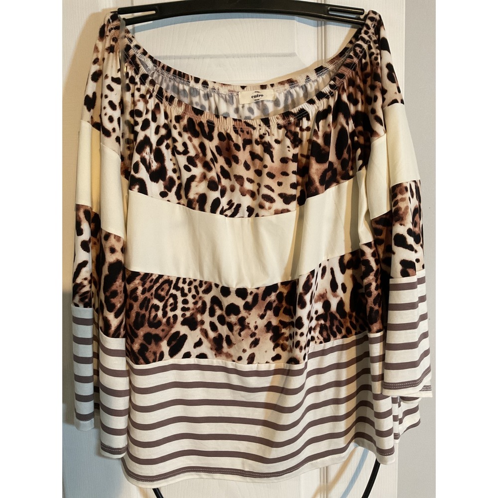 Entro Leopard Print Striped Off Shoulder‎ Top Brown Cream Medium Style 4790